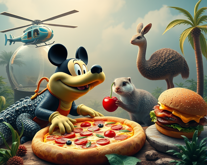 mickey mouse, alligator, rabbit, armadillo, helicopter, cherry, otter, pizza, fish tank, hamburger, palm tree, ostrich